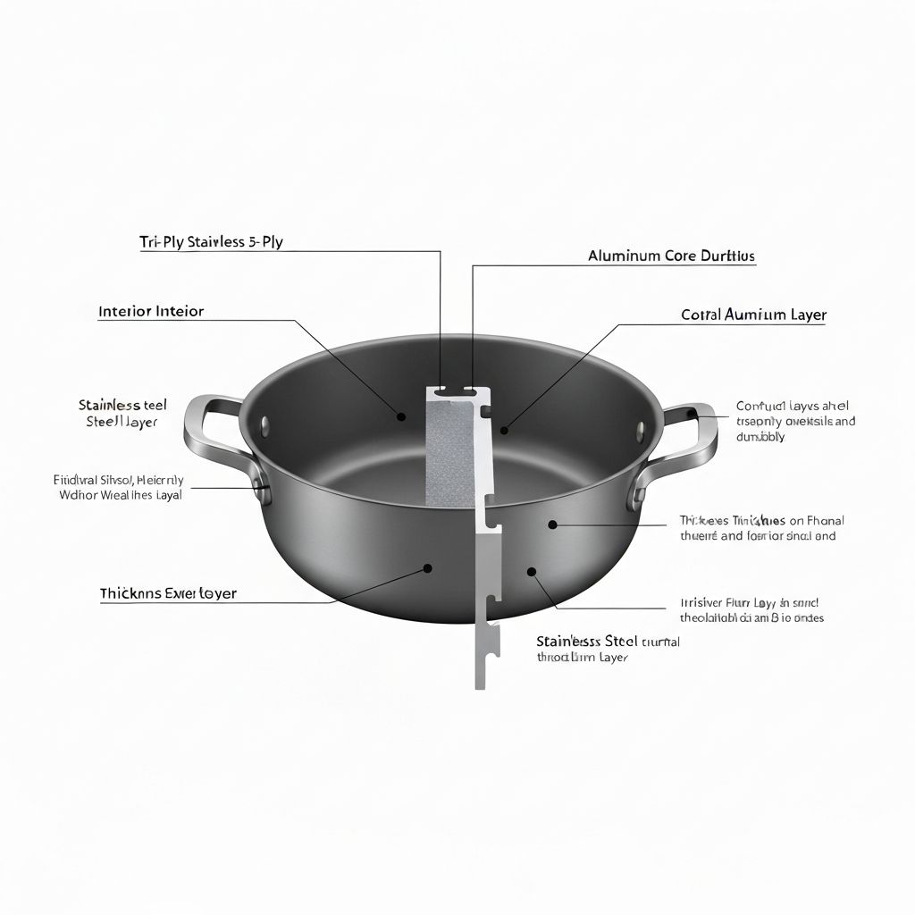 Cross-section showing tri-ply and 5-ply stainless steel construction layers