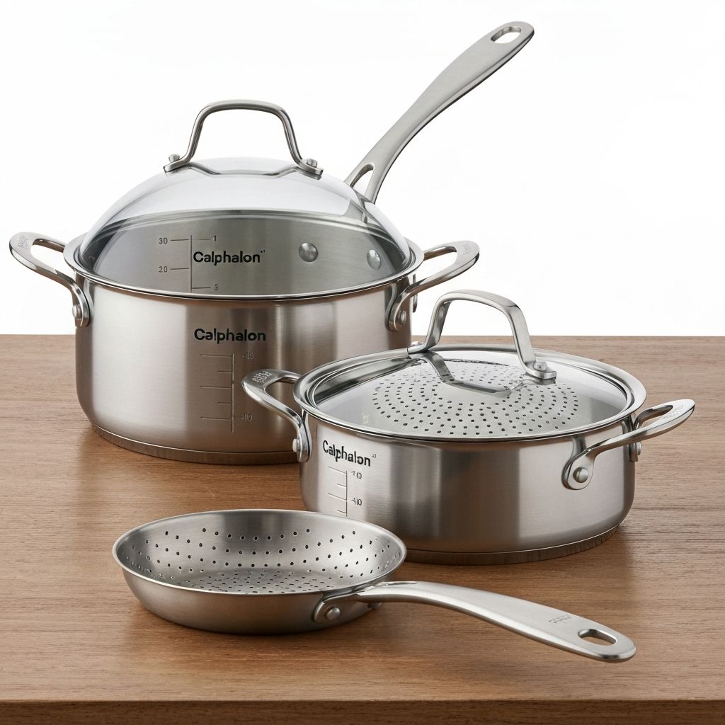 Calphalon Classic stainless steel cookware with built-in measuring marks